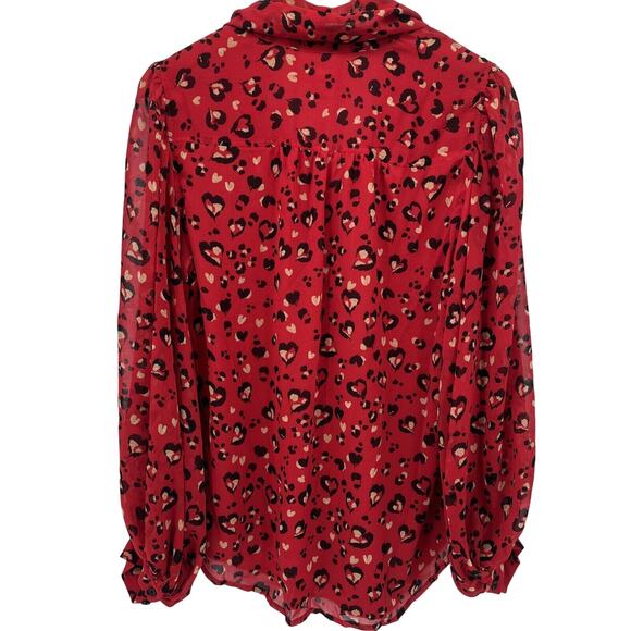 Chico's Blouse Womens Medium Red Heart Leopard Print Button Up Shirt Tie Front - Picture 4 of 10